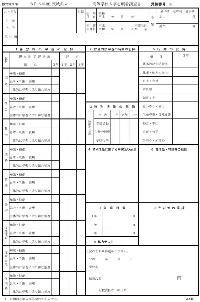 2024年度の茨城県公立高校入試に使用された調査書の様式。