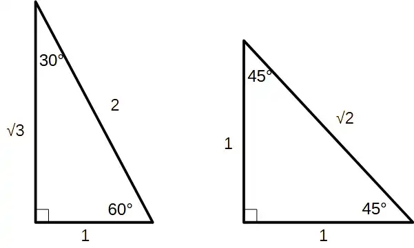 三角定規で使う２種類の直角三角形の辺の比率の図。